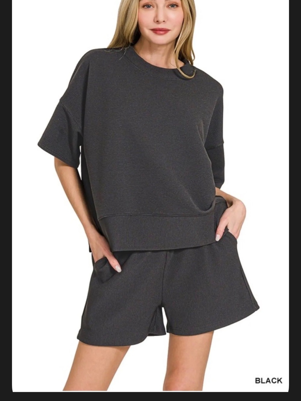 Black Short Sleeve top and bottom- Women's Ribbed set